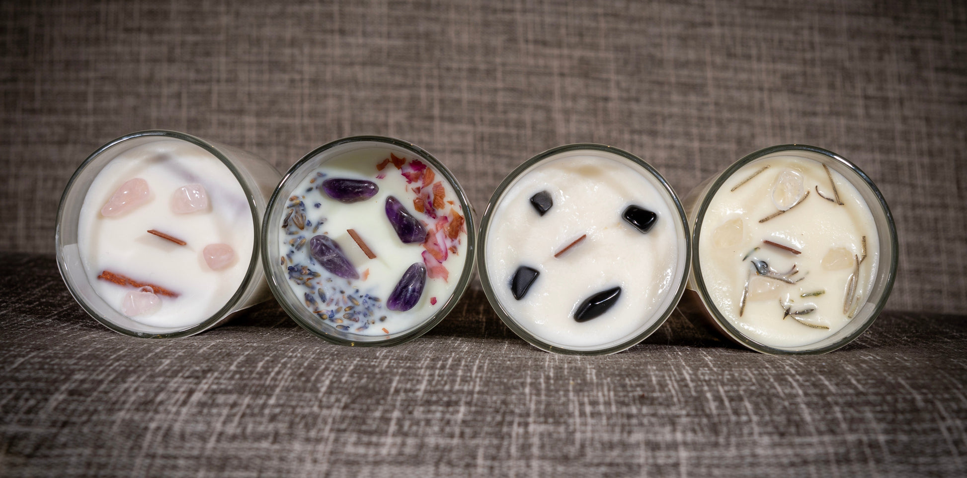 Moon Phases candles, kit with 4 candles. Each candle has crystals for decoration. Waxing Crescent Candle, Full Moon Candle, New Moon Candle and Waning Crescent Candle