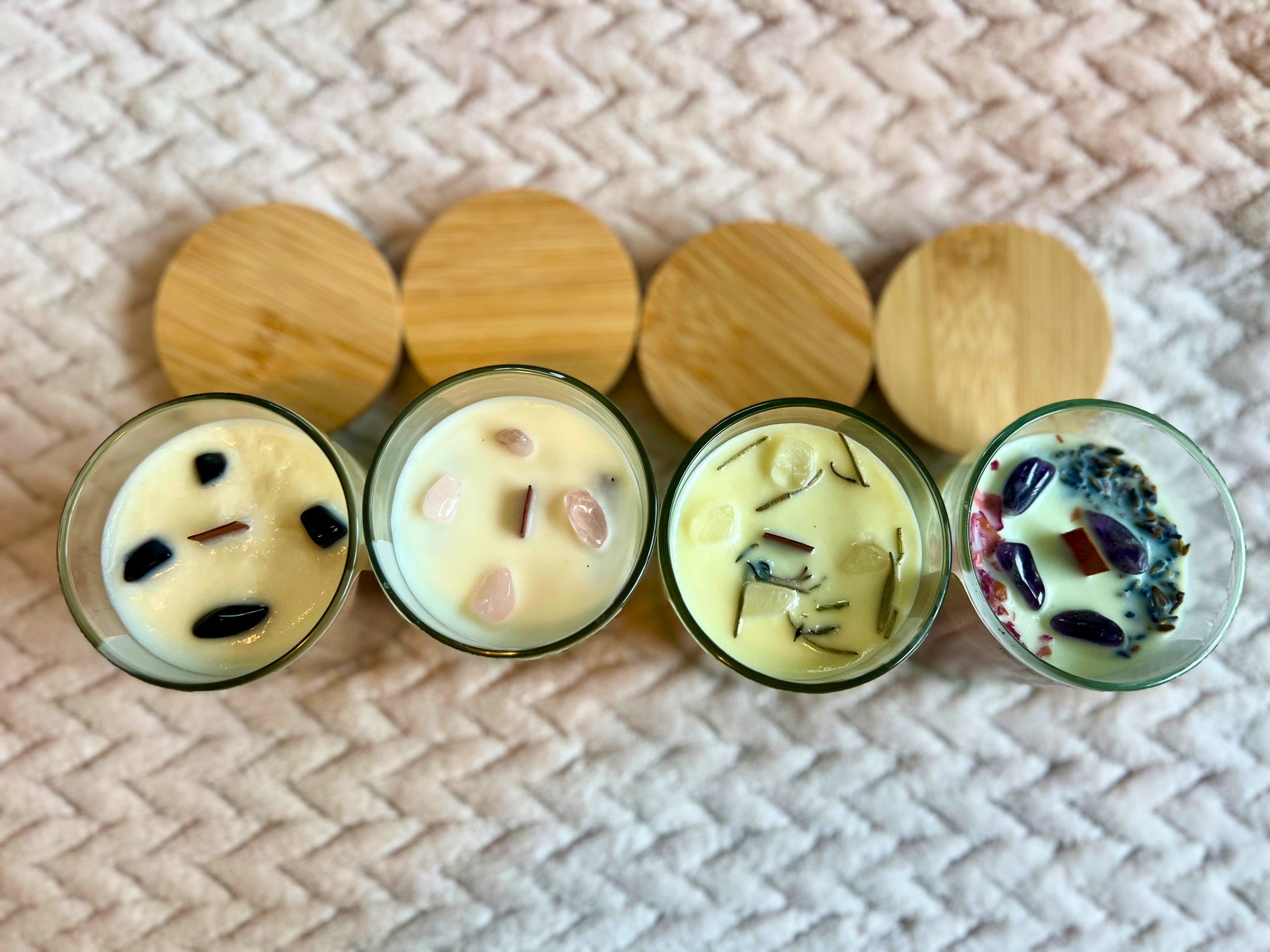 Moon Phases candles, kit with 4 candles. Each candle has crystals for decoration. New Moon Candle, Waxing Moon Candle, Waning Moon Candle and Full Moon Candle